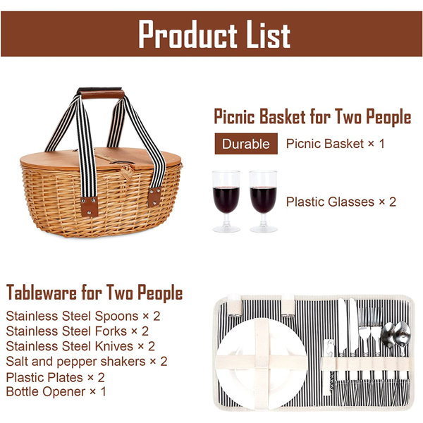 Crestone Wicker Cooler Picnic Basket Set For 2 With Double Wooden Lids & Handles, Grey With